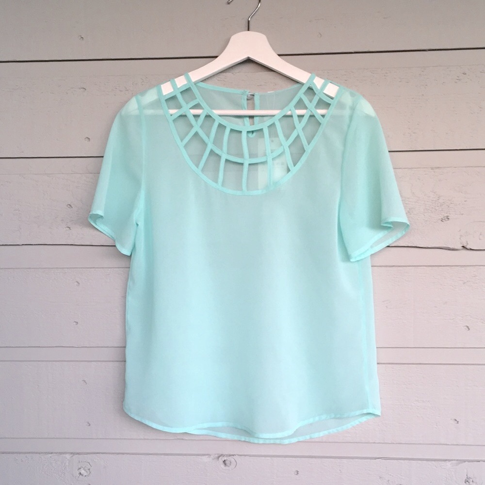 NWT SEMI SHEER CUT OUT CHIFFON BLOUSE BY TRIBEAR IN LIGHT AQUA